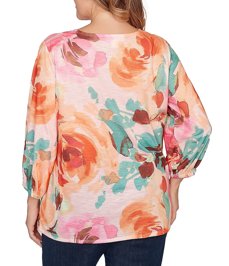 Ruby Rd. Plus Size Bold Floral Scalloped V-Neck 3/4 Sleeve Oversized Knit Top