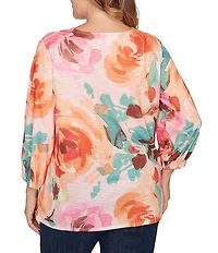 Ruby Rd. Plus Size Bold Floral Scalloped V-Neck 3/4 Sleeve Oversized Knit Top