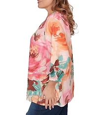 Ruby Rd. Plus Size Bold Floral Scalloped V-Neck 3/4 Sleeve Oversized Knit Top