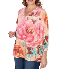 Ruby Rd. Plus Size Bold Floral Scalloped V-Neck 3/4 Sleeve Oversized Knit Top