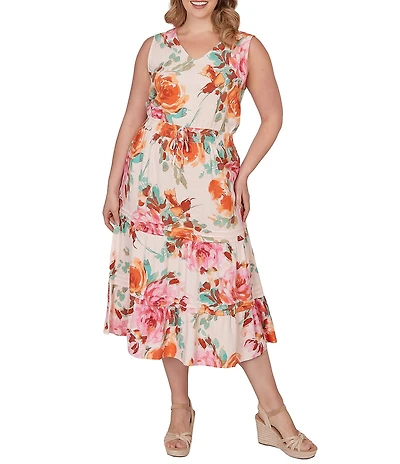 Ruby Rd. Plus Size Bold Floral V-Neck Sleeveless Tiered A-Line Midi Pull-On Dress