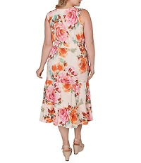 Ruby Rd. Plus Size Bold Floral V-Neck Sleeveless Tiered A-Line Midi Pull-On Dress