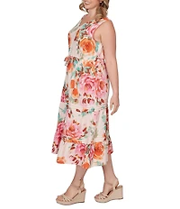 Ruby Rd. Plus Size Bold Floral V-Neck Sleeveless Tiered A-Line Midi Pull-On Dress