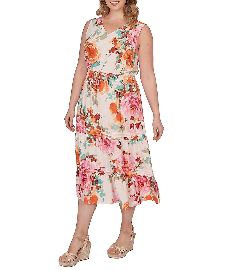 Ruby Rd. Plus Size Bold Floral V-Neck Sleeveless Tiered A-Line Midi Pull-On Dress