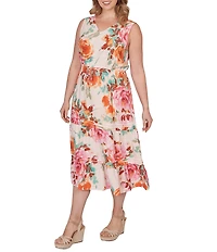 Ruby Rd. Plus Size Bold Floral V-Neck Sleeveless Tiered A-Line Midi Pull-On Dress