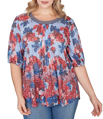 Ruby Rd. Plus Size Burnout Jersey Knit Floral Scoop Lace Trim Neck Elbow-Length Sleeve Top