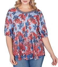 Ruby Rd. Plus Size Burnout Jersey Knit Floral Scoop Lace Trim Neck Elbow-Length Sleeve Top