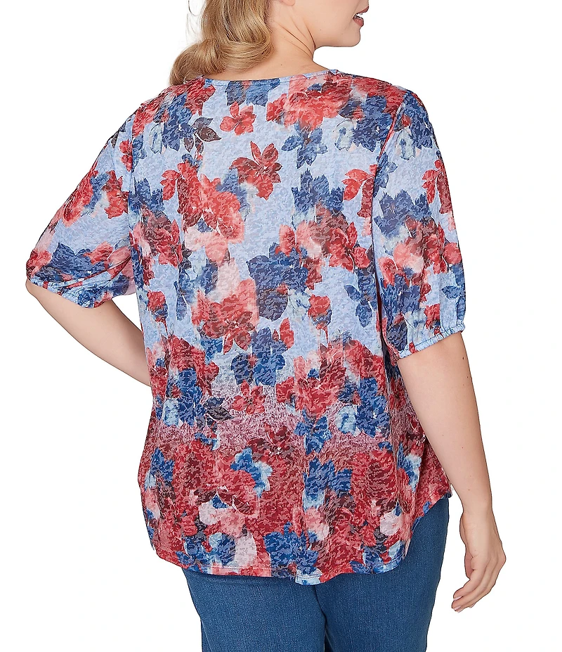 Ruby Rd. Plus Size Burnout Jersey Knit Floral Scoop Lace Trim Neck Elbow-Length Sleeve Top