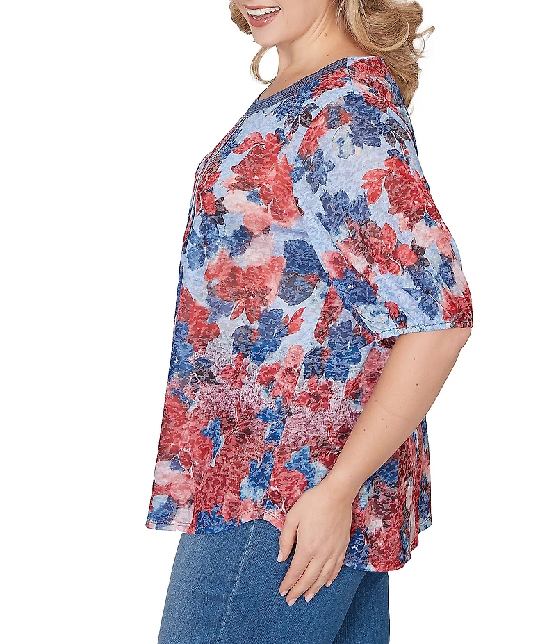 Ruby Rd. Plus Size Burnout Jersey Knit Floral Scoop Lace Trim Neck Elbow-Length Sleeve Top