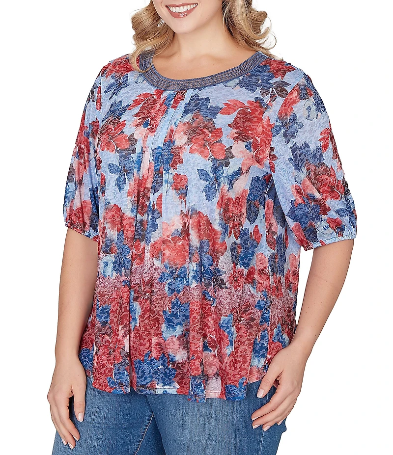 Ruby Rd. Plus Size Burnout Jersey Knit Floral Scoop Lace Trim Neck Elbow-Length Sleeve Top