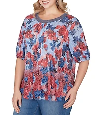 Ruby Rd. Plus Size Burnout Jersey Knit Floral Scoop Lace Trim Neck Elbow-Length Sleeve Top