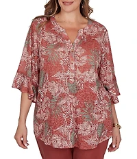 Ruby Rd. Plus Size Burnout Jersey Tropical Floral Henley Collar Elbow Length Flutter Sleeve Top