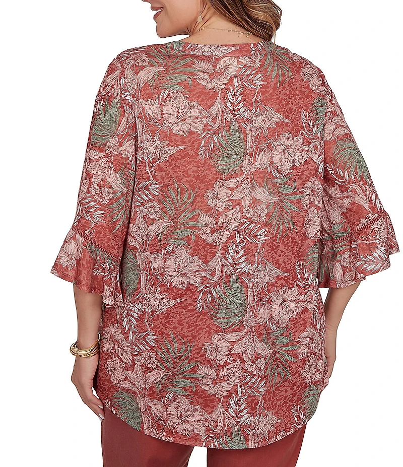 Ruby Rd. Plus Size Burnout Jersey Tropical Floral Henley Collar Elbow Length Flutter Sleeve Top