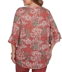 Ruby Rd. Plus Size Burnout Jersey Tropical Floral Henley Collar Elbow Length Flutter Sleeve Top