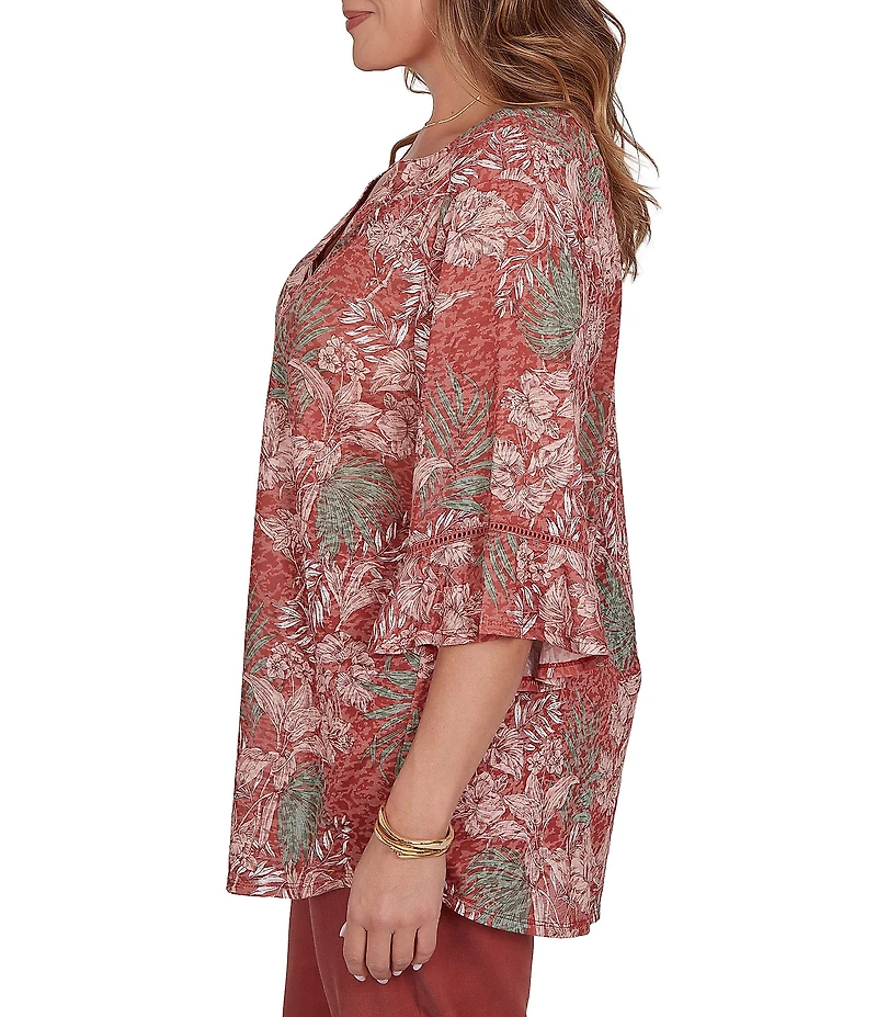 Ruby Rd. Plus Size Burnout Jersey Tropical Floral Henley Collar Elbow Length Flutter Sleeve Top