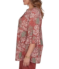 Ruby Rd. Plus Size Burnout Jersey Tropical Floral Henley Collar Elbow Length Flutter Sleeve Top