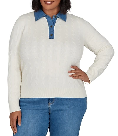 Ruby Rd. Plus Size Cable Knit Denim Point Collar Long Sleeve Sweater