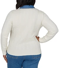 Ruby Rd. Plus Size Cable Knit Denim Point Collar Long Sleeve Sweater