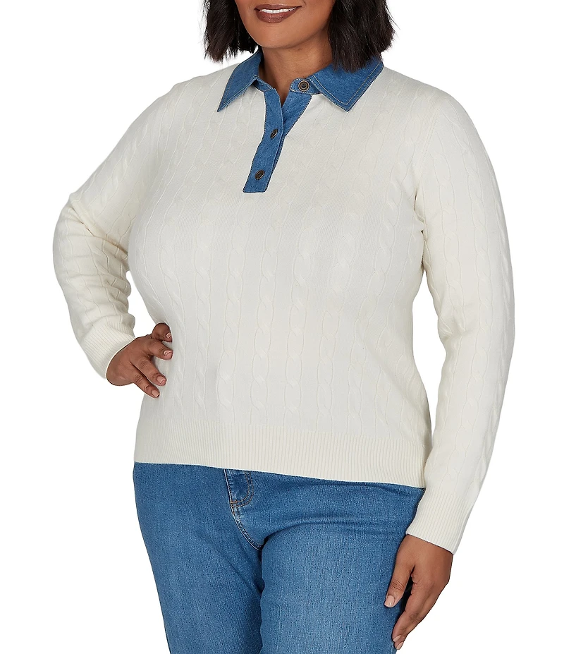 Ruby Rd. Plus Size Cable Knit Denim Point Collar Long Sleeve Sweater