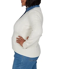 Ruby Rd. Plus Size Cable Knit Denim Point Collar Long Sleeve Sweater