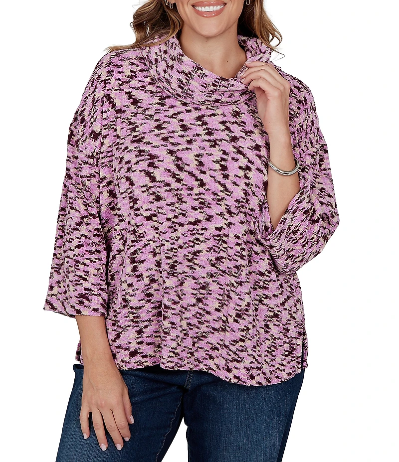 Ruby Rd. Plus Size Chenille Knit Space Dye Draped 3/4 Sleeve Sweater