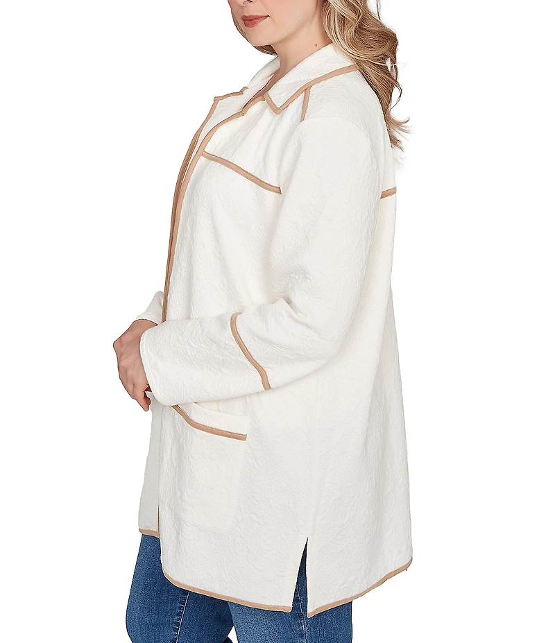 Ruby Rd. Plus Size Collared Long Sleeve Faux Suede Trim Open-Front Cardigan Jacket