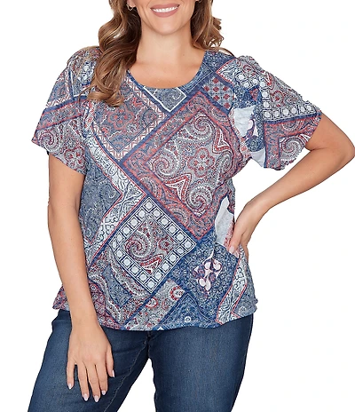Ruby Rd. Plus Size Colorful Patchwork Print Scoop Neck Short Sleeve Knit Tee