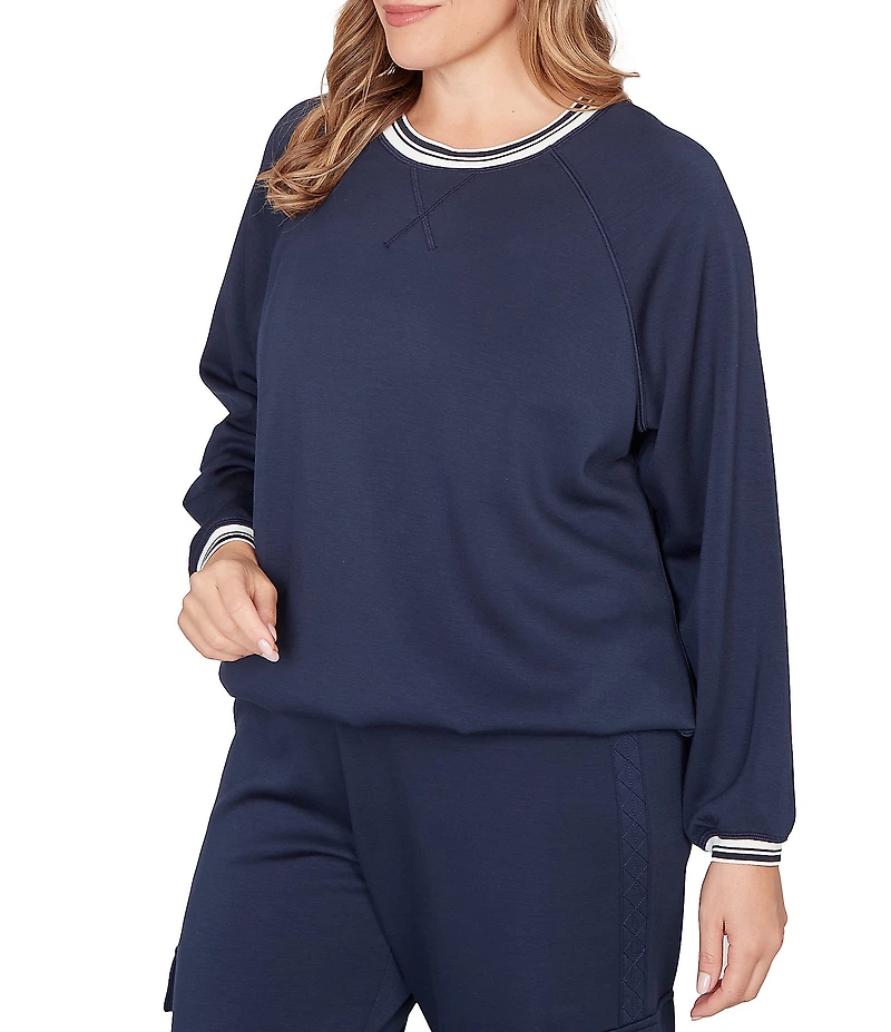 Ruby Rd. Plus Size Contrast Stripe Crew Neck Long Raglan Sleeve Cinched Bubble Hem Knit Top