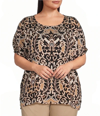 Ruby Rd. Plus Size Coordinating Textured Woven Modern Damask Scoop Neck Short Sleeve Top