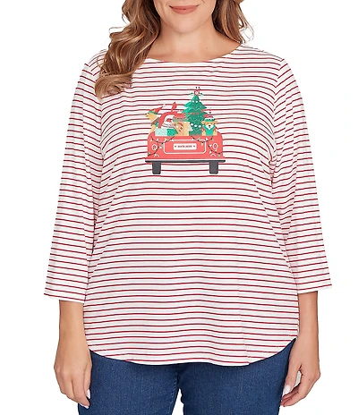 Ruby Rd. Plus Size Cotton Blend Boat Neck 3/4 Sleeve Stripe Christmas Truck Top