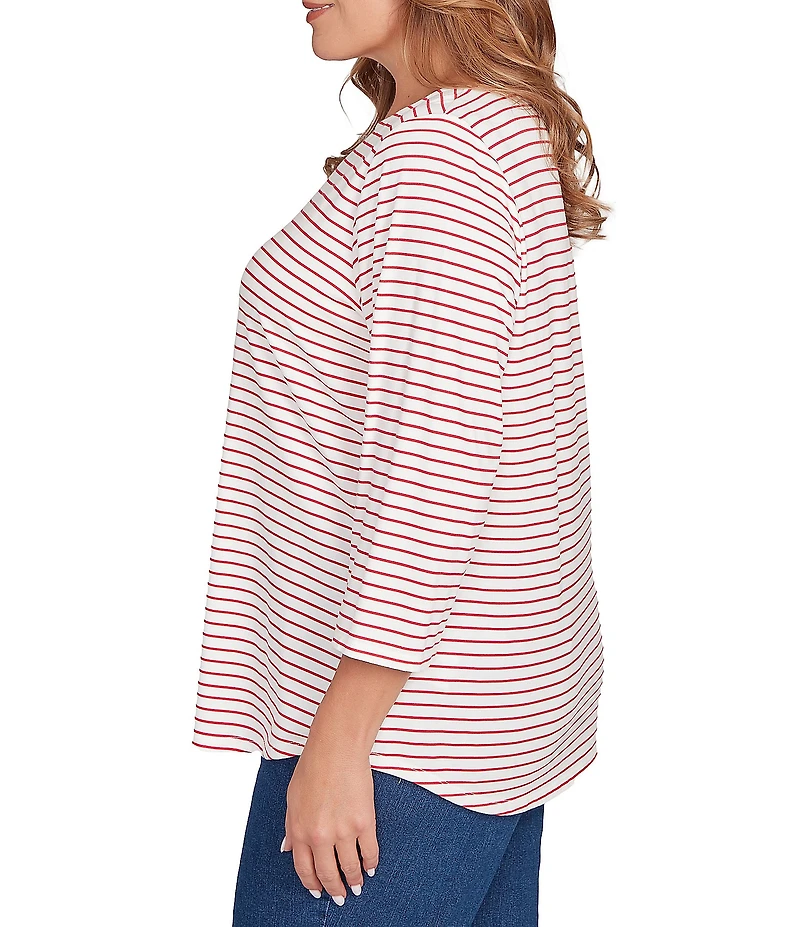 Ruby Rd. Plus Size Cotton Blend Boat Neck 3/4 Sleeve Stripe Christmas Truck Top