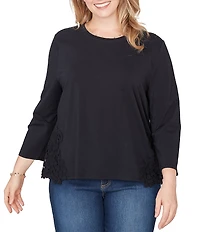 Ruby Rd. Plus Size Cotton-Blend Knit Crew Neck 3/4 Sleeve Lace Applique Top