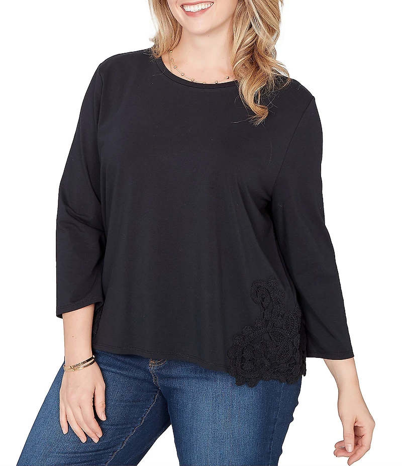 Ruby Rd. Plus Size Cotton-Blend Knit Crew Neck 3/4 Sleeve Lace Applique Top