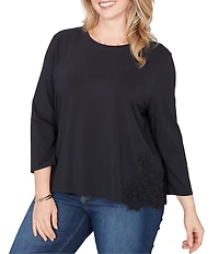 Ruby Rd. Plus Size Cotton-Blend Knit Crew Neck 3/4 Sleeve Lace Applique Top