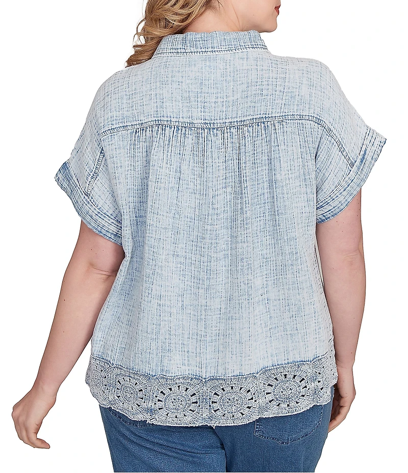Ruby Rd. Plus Size Cotton Gauze Crochet Point Collar Short Rolled Cuff Sleeve Shirt