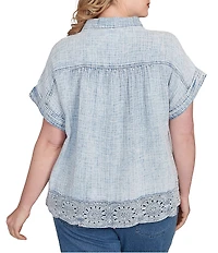 Ruby Rd. Plus Size Cotton Gauze Crochet Point Collar Short Rolled Cuff Sleeve Shirt