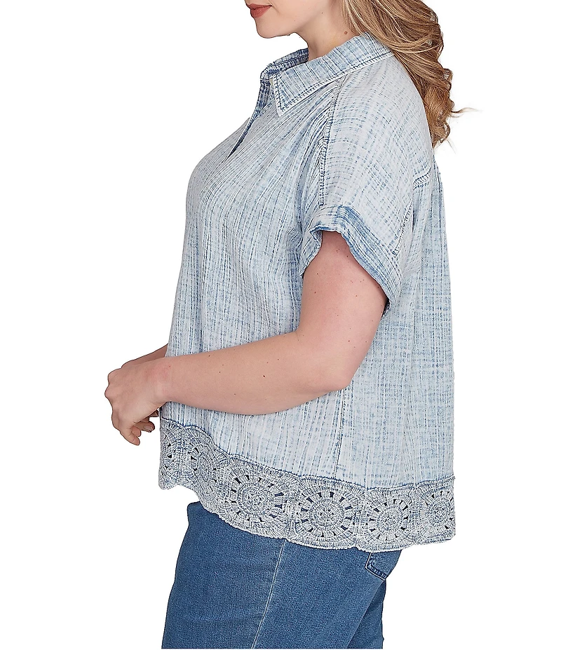Ruby Rd. Plus Size Cotton Gauze Crochet Point Collar Short Rolled Cuff Sleeve Shirt