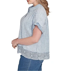 Ruby Rd. Plus Size Cotton Gauze Crochet Point Collar Short Rolled Cuff Sleeve Shirt