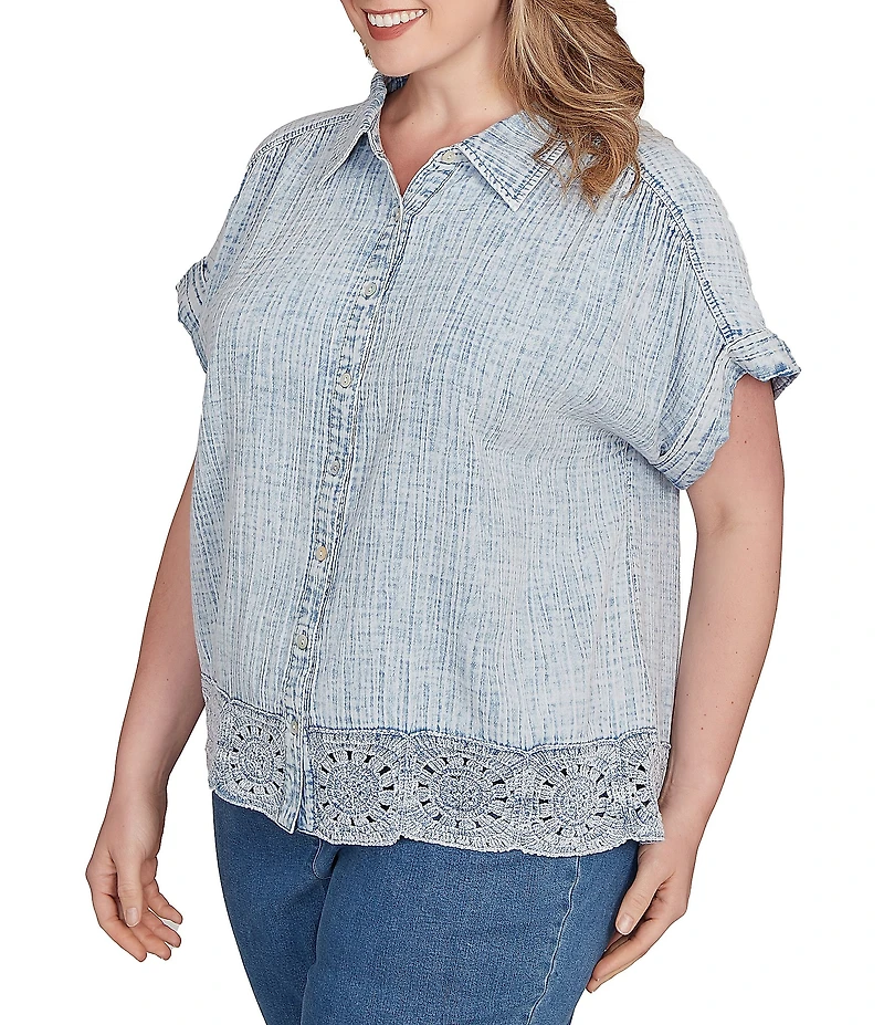 Ruby Rd. Plus Size Cotton Gauze Crochet Point Collar Short Rolled Cuff Sleeve Shirt