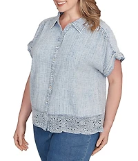 Ruby Rd. Plus Size Cotton Gauze Crochet Point Collar Short Rolled Cuff Sleeve Shirt