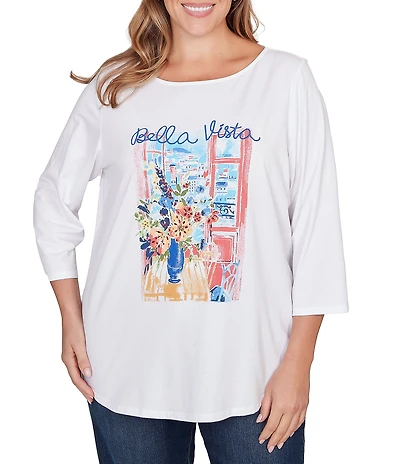Ruby Rd. Plus Size Cotton Jersey Bella Vista Embellished Crew Neck 3/4 Sleeve Tee