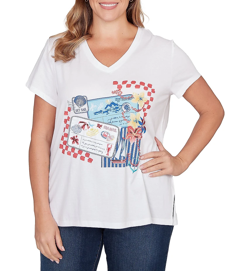 Ruby Rd. Plus Size Cotton Jersey Knit Sequin Beaded Postcard Print V-Neck Short Sleeve Tee