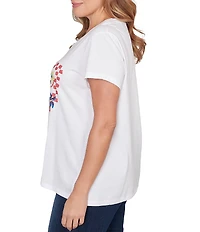 Ruby Rd. Plus Size Cotton Jersey Knit Sequin Beaded Postcard Print V-Neck Short Sleeve Tee