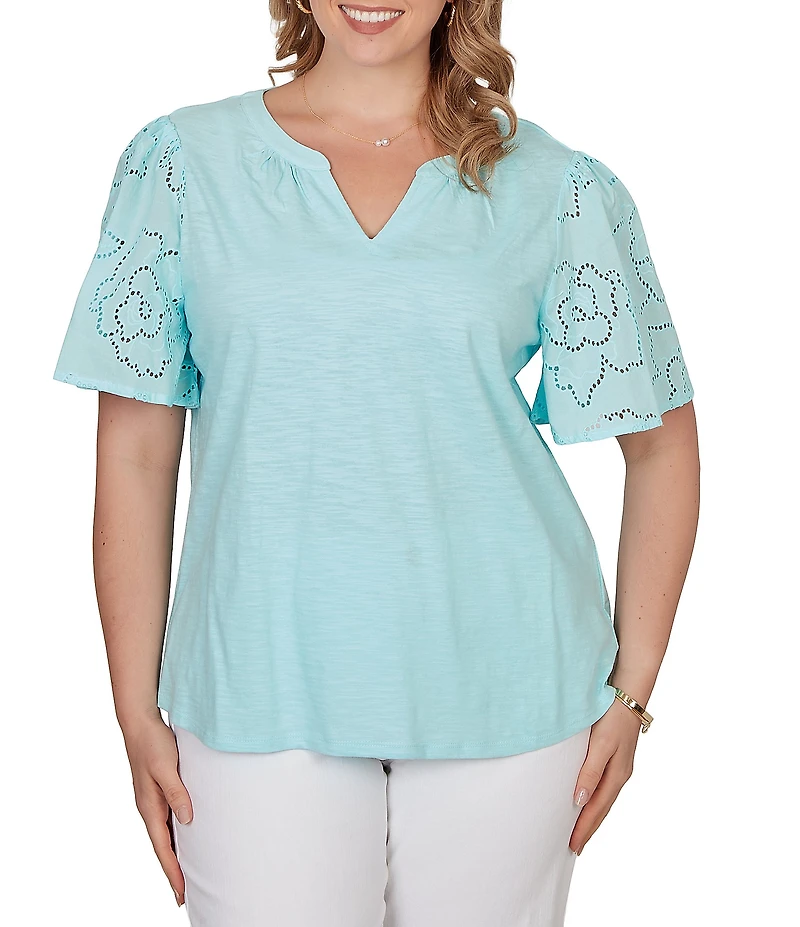 Ruby Rd. Plus Size Cotton Jersey Knit Split V-Neck Short Eyelet Sleeve Top