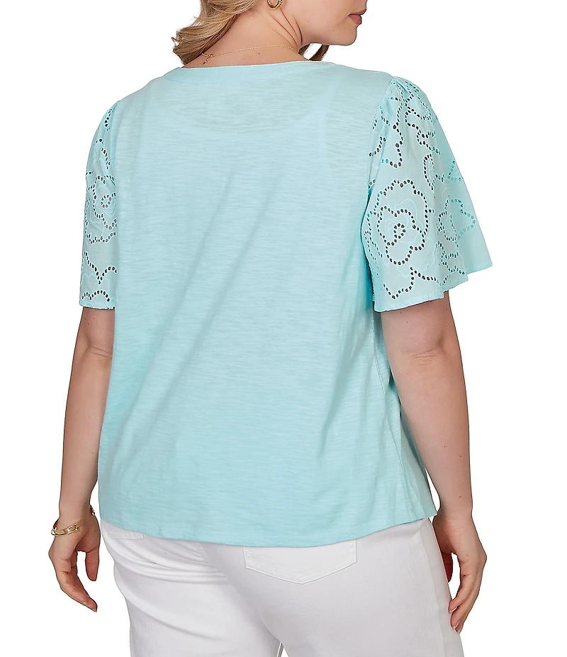 Ruby Rd. Plus Size Cotton Jersey Knit Split V-Neck Short Eyelet Sleeve Top