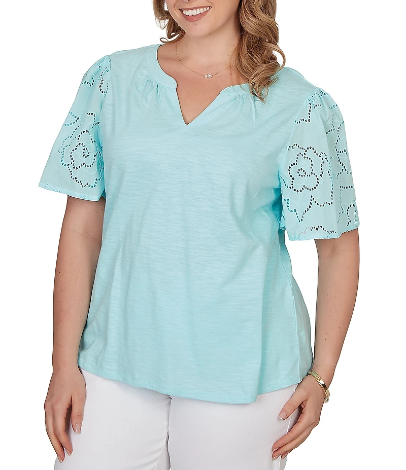 Ruby Rd. Plus Size Cotton Jersey Knit Split V-Neck Short Eyelet Sleeve Top