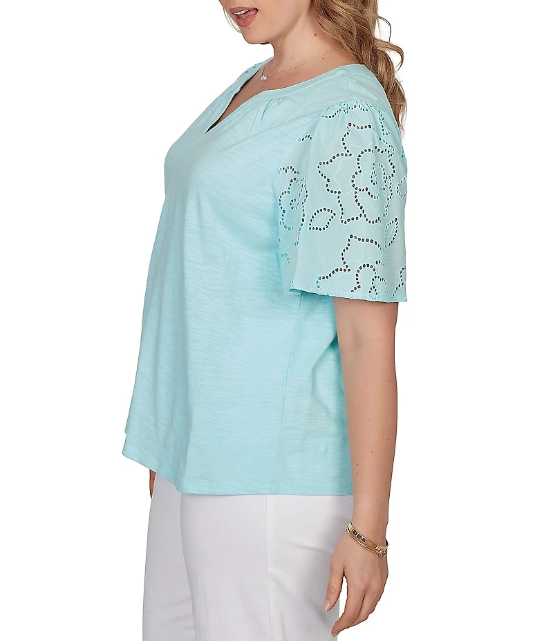 Ruby Rd. Plus Size Cotton Jersey Knit Split V-Neck Short Eyelet Sleeve Top