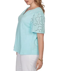 Ruby Rd. Plus Size Cotton Jersey Knit Split V-Neck Short Eyelet Sleeve Top