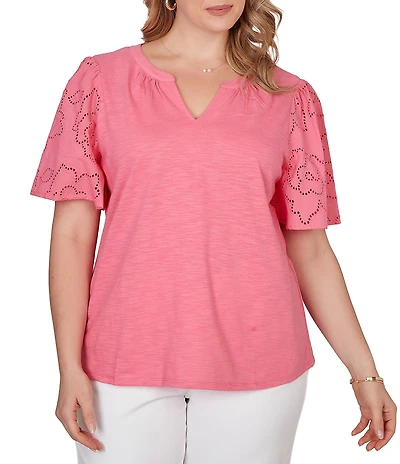 Ruby Rd. Plus Size Cotton Jersey Knit Split V-Neck Short Eyelet Sleeve Top