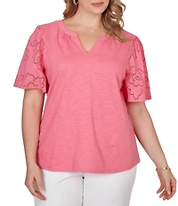 Ruby Rd. Plus Size Cotton Jersey Knit Split V-Neck Short Eyelet Sleeve Top